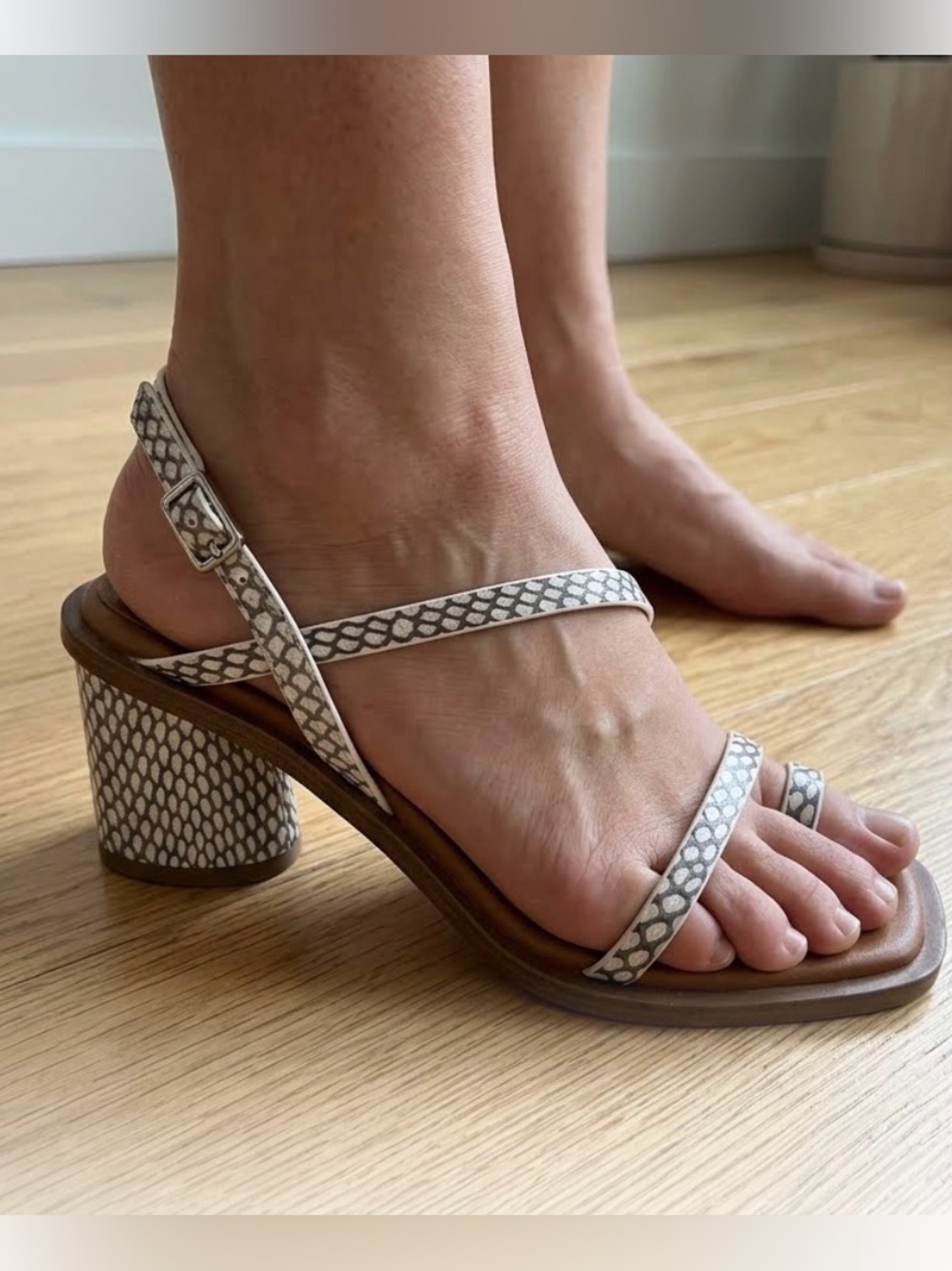 Franco Sarto Rache 2 strappy block heel sandal featuring a faux snake print
